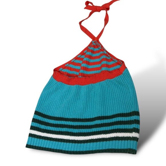 RedBerry Crochet Halter Top Womens Sz S Red/Turquoise Block Stripe Knit Crop - Picture 4 of 8